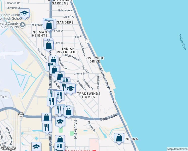 map of restaurants, bars, coffee shops, grocery stores, and more near 401 Cherry St in Melbourne