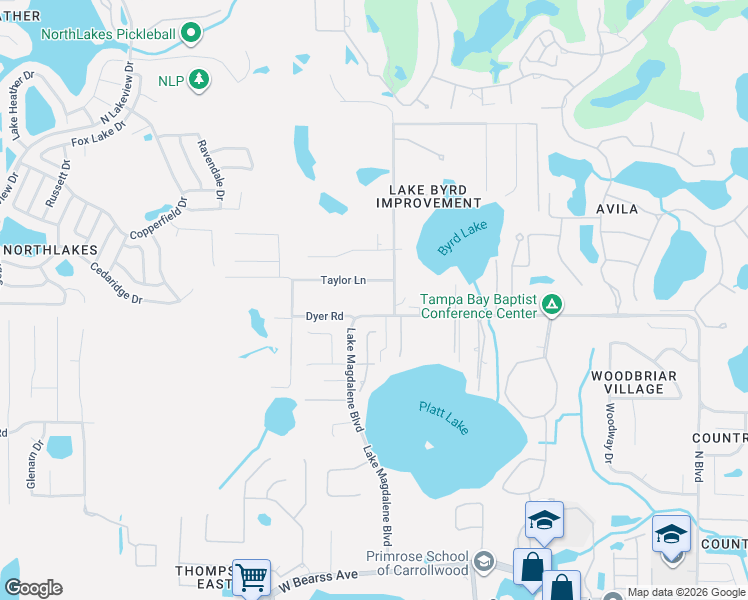 map of restaurants, bars, coffee shops, grocery stores, and more near 15308 Lake Magdalene Boulevard in Tampa