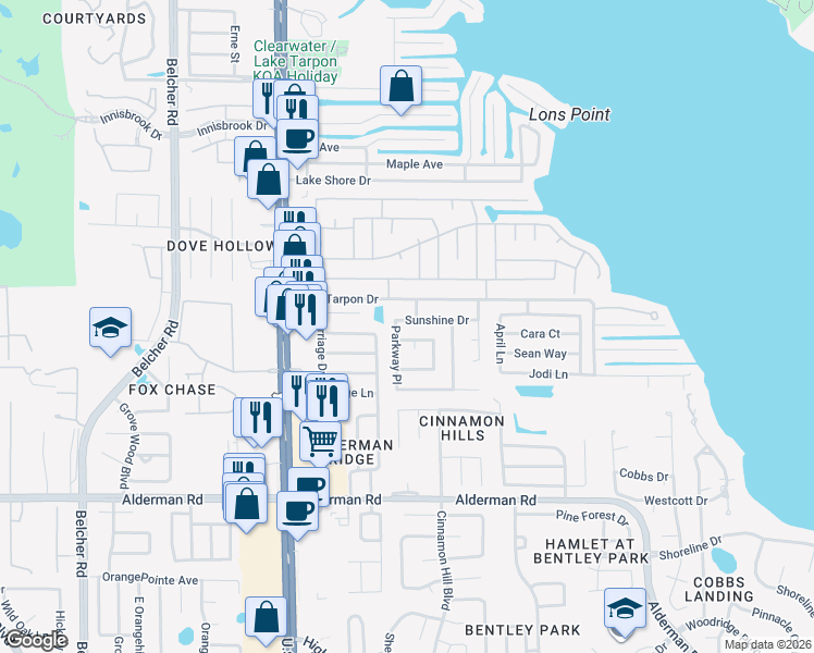 map of restaurants, bars, coffee shops, grocery stores, and more near 3309 Parkway Place in Palm Harbor
