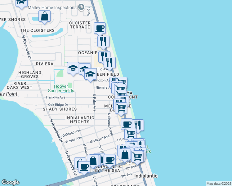 map of restaurants, bars, coffee shops, grocery stores, and more near 960 North Highway A1A in Indialantic