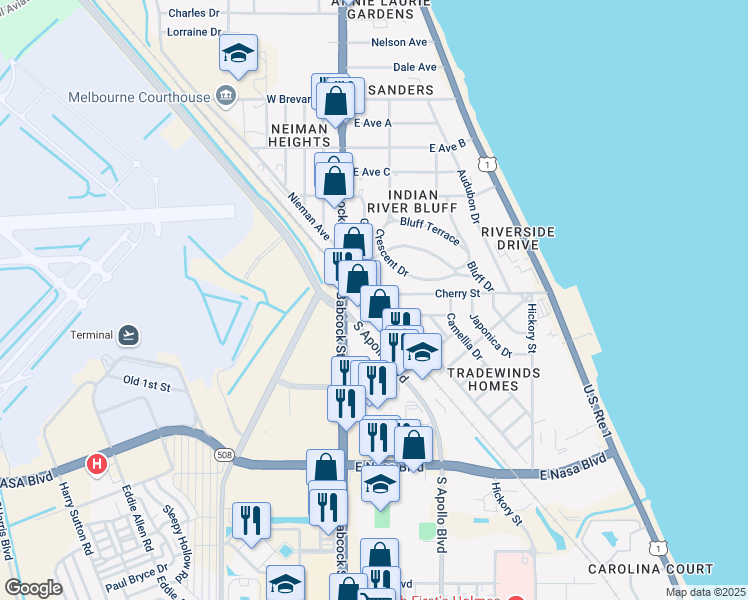 map of restaurants, bars, coffee shops, grocery stores, and more near 500 Wisteria Drive in Melbourne