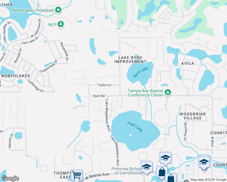 map of restaurants, bars, coffee shops, grocery stores, and more near 15308 Lake Magdalene Boulevard in Tampa