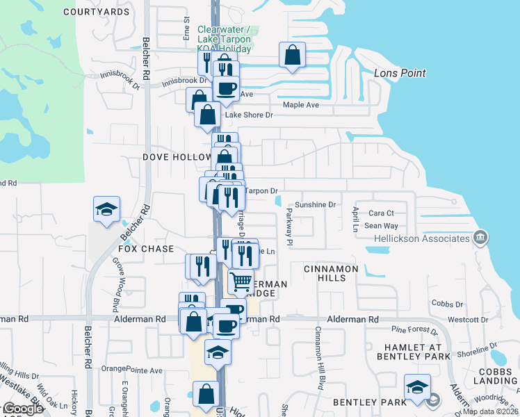 map of restaurants, bars, coffee shops, grocery stores, and more near 2627 Surrey Drive in Palm Harbor