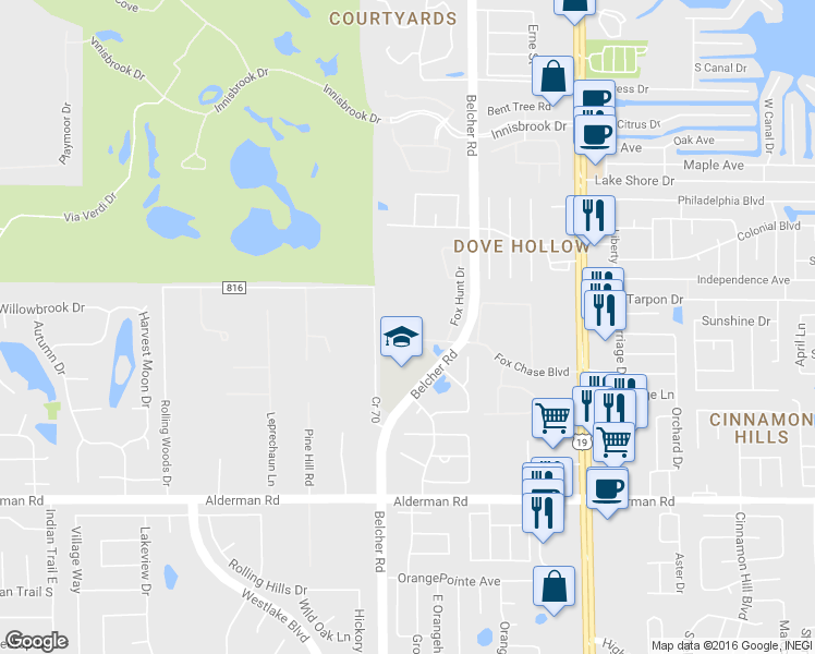 map of restaurants, bars, coffee shops, grocery stores, and more near 2197 Fox Chase Boulevard in Palm Harbor