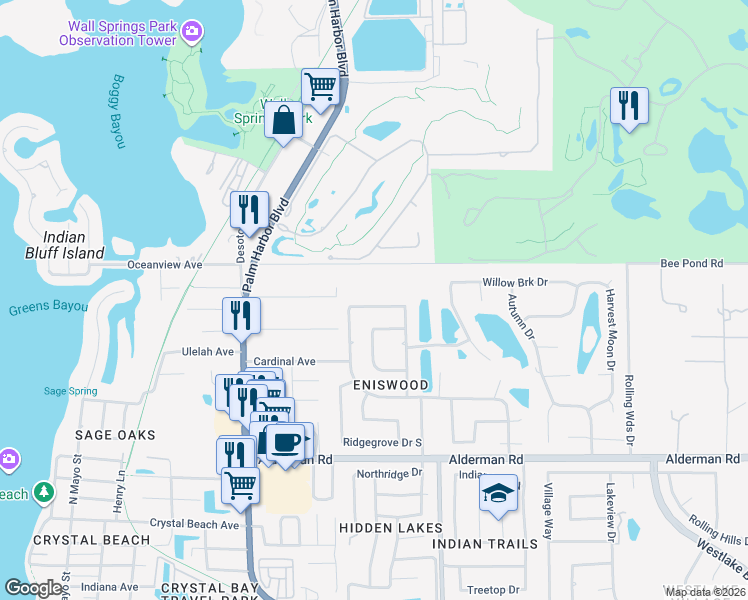 map of restaurants, bars, coffee shops, grocery stores, and more near 1080 Eniswood Parkway in Palm Harbor