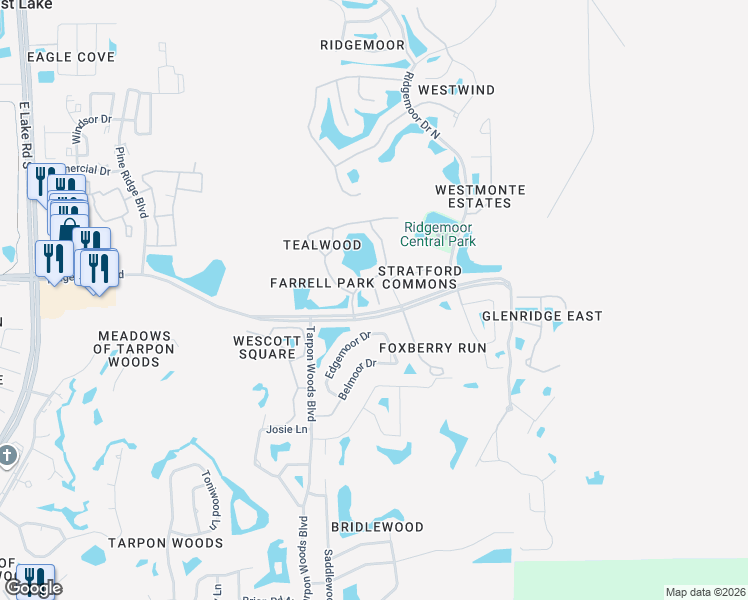 map of restaurants, bars, coffee shops, grocery stores, and more near 3352 Dunemoor Court in Palm Harbor