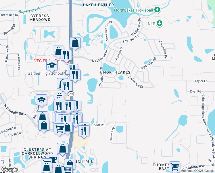 map of restaurants, bars, coffee shops, grocery stores, and more near 16119 Sagebrush Road in Tampa