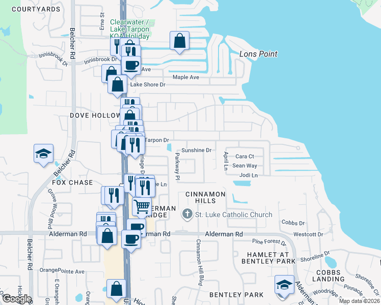map of restaurants, bars, coffee shops, grocery stores, and more near 162 Sunshine Drive in Palm Harbor