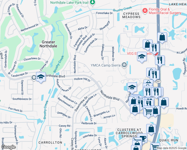 map of restaurants, bars, coffee shops, grocery stores, and more near 4112 Brentwood Park Circle in Tampa