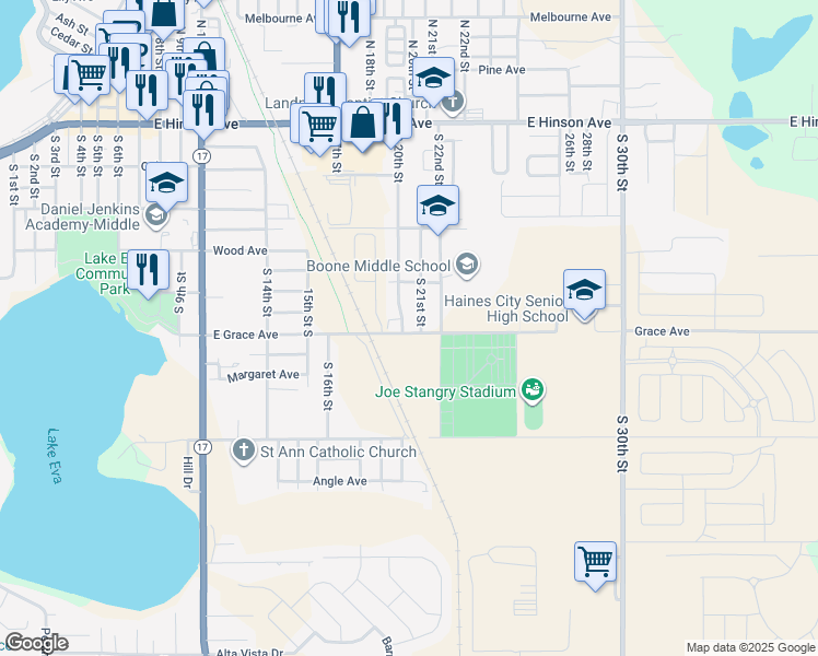 map of restaurants, bars, coffee shops, grocery stores, and more near 313 East Grace Avenue in Haines City