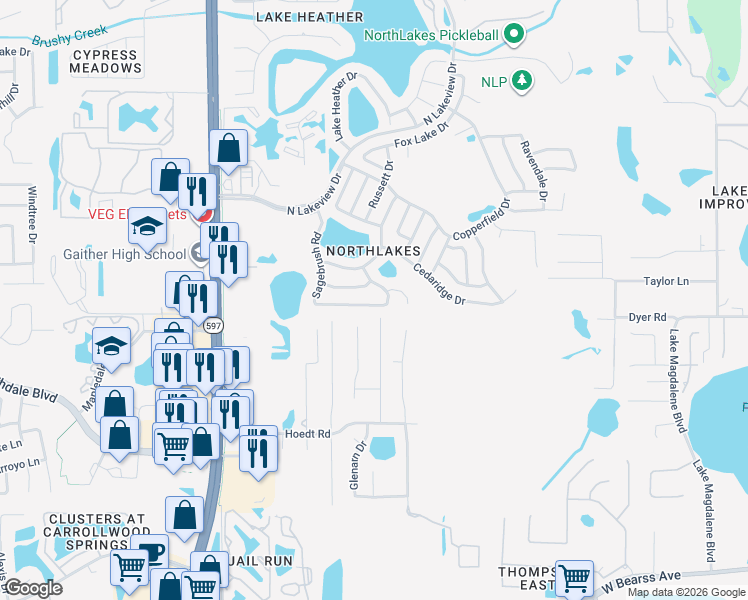 map of restaurants, bars, coffee shops, grocery stores, and more near 16101 Sagebrush Road in Tampa