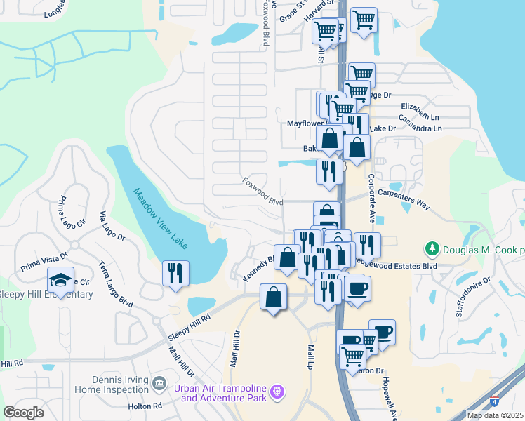 map of restaurants, bars, coffee shops, grocery stores, and more near 1510 Big Oaks Drive in Lakeland