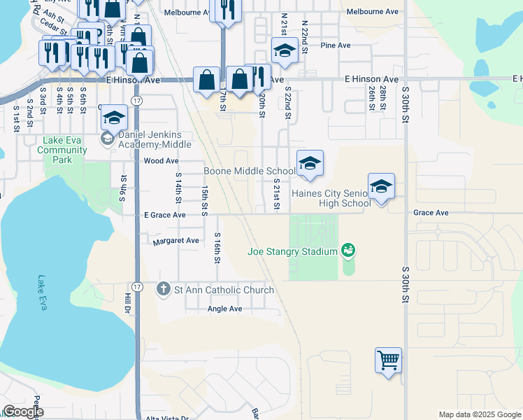 map of restaurants, bars, coffee shops, grocery stores, and more near 316 South 20th Street in Haines City