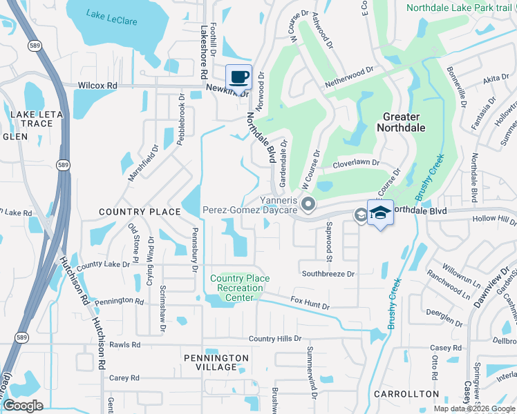 map of restaurants, bars, coffee shops, grocery stores, and more near 15925 Winding Drive in Tampa