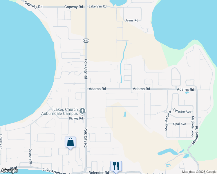 map of restaurants, bars, coffee shops, grocery stores, and more near 136 Adams Road in Auburndale
