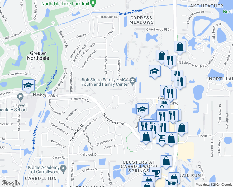 map of restaurants, bars, coffee shops, grocery stores, and more near 16071 Dawnview Drive in Tampa