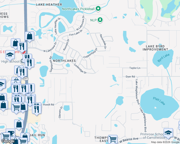 map of restaurants, bars, coffee shops, grocery stores, and more near 2815 Cedaridge Drive in Tampa