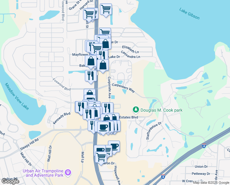 map of restaurants, bars, coffee shops, grocery stores, and more near 1010 Carpenters Way in Lakeland