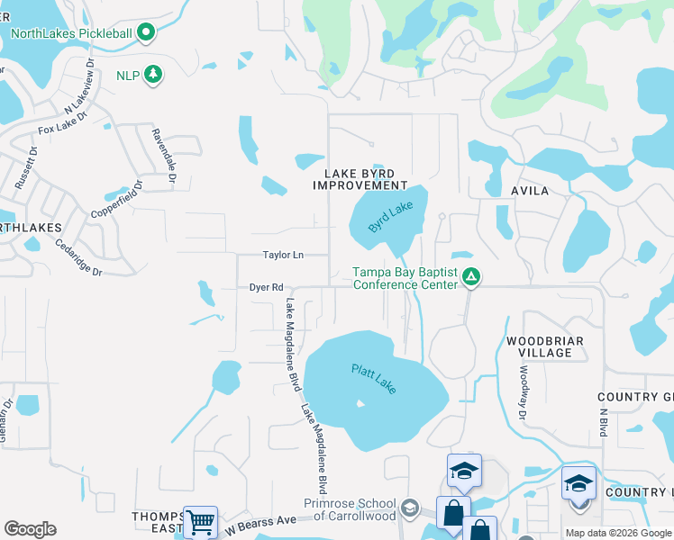 map of restaurants, bars, coffee shops, grocery stores, and more near 15402 Lake Magdalene Boulevard in Tampa