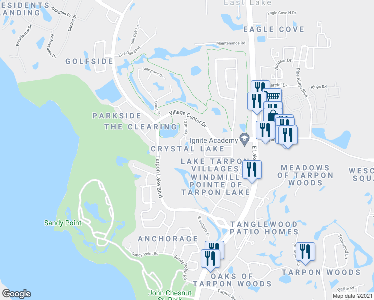 map of restaurants, bars, coffee shops, grocery stores, and more near 91 Crystal Court East in Palm Harbor
