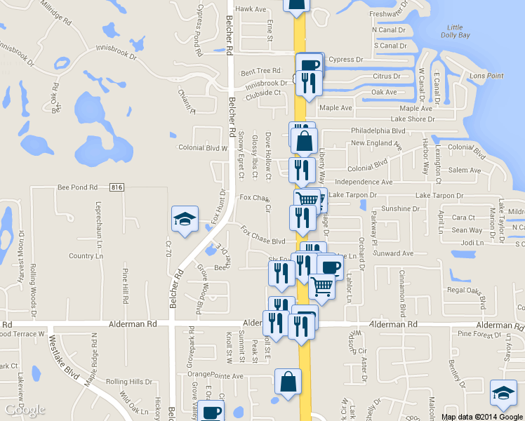 map of restaurants, bars, coffee shops, grocery stores, and more near 203 Fox Chase Circle in Palm Harbor