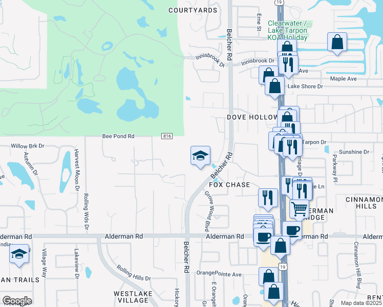 map of restaurants, bars, coffee shops, grocery stores, and more near 2101 Fox Chase Boulevard in Palm Harbor