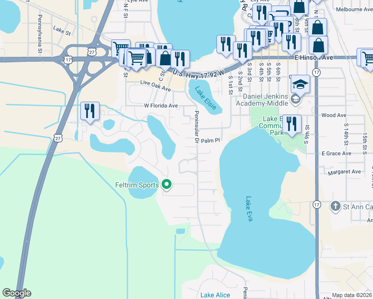 map of restaurants, bars, coffee shops, grocery stores, and more near 415 Renee Drive in Haines City