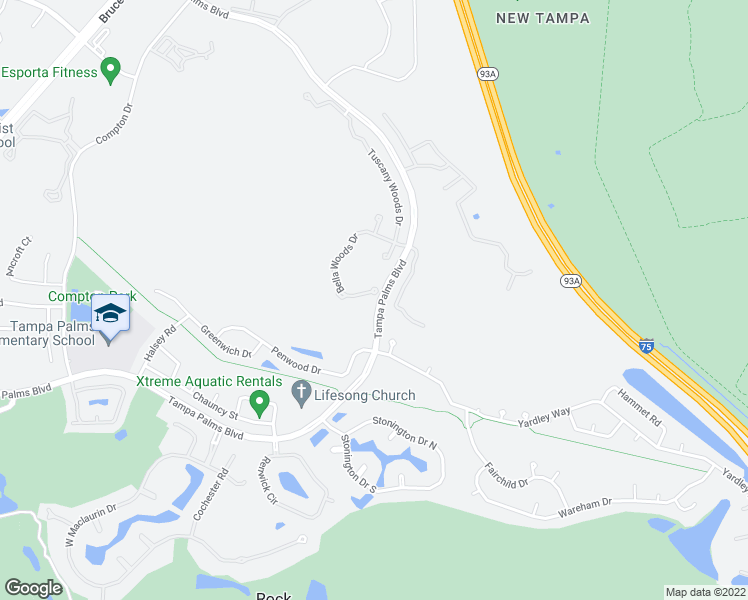 map of restaurants, bars, coffee shops, grocery stores, and more near 16002 Bella Woods Drive in Tampa