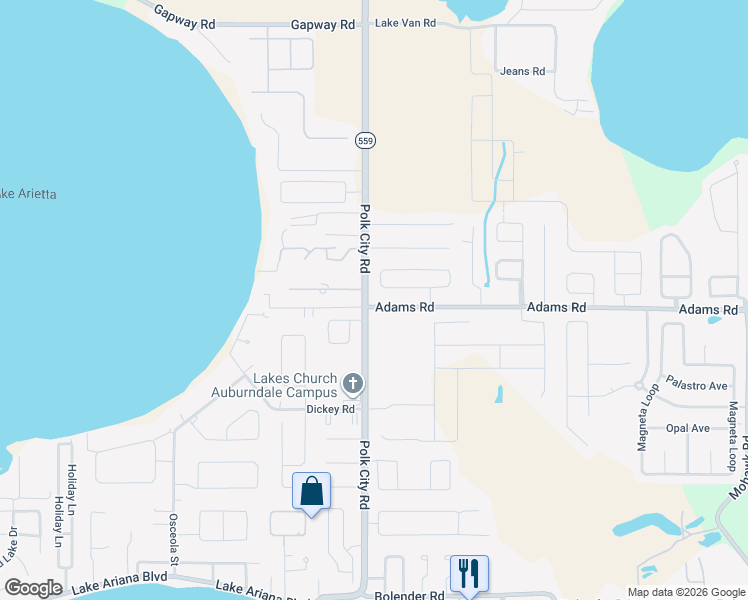 map of restaurants, bars, coffee shops, grocery stores, and more near 100 Adams Road in Auburndale