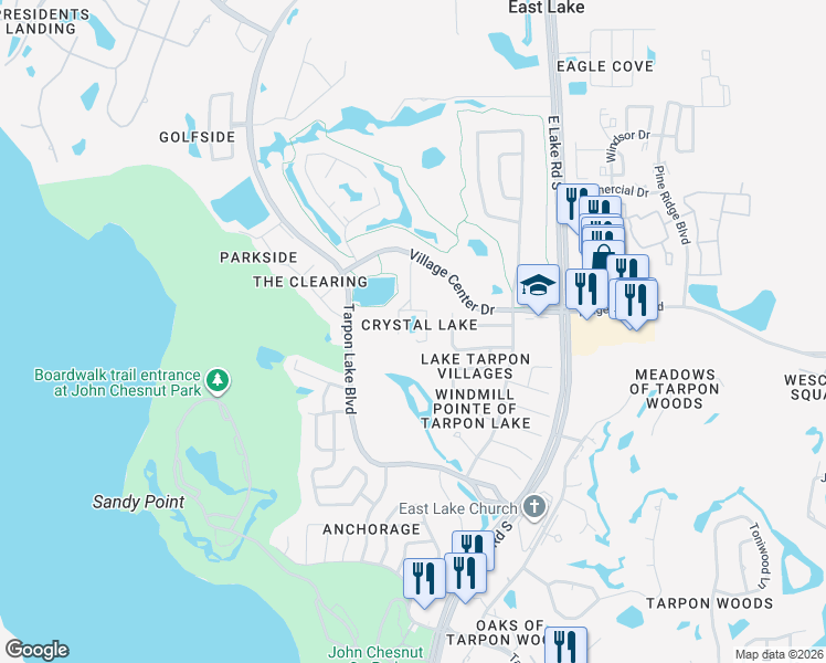 map of restaurants, bars, coffee shops, grocery stores, and more near 91 Crystal Court East in Palm Harbor