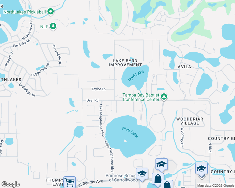 map of restaurants, bars, coffee shops, grocery stores, and more near 15402 Lake Magdalene Boulevard in Tampa