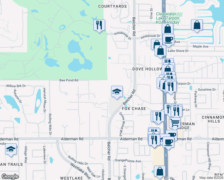 map of restaurants, bars, coffee shops, grocery stores, and more near 2101 Fox Chase Boulevard in Palm Harbor