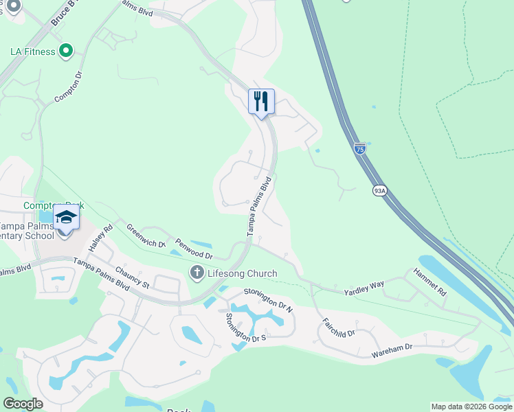 map of restaurants, bars, coffee shops, grocery stores, and more near 16002 Bella Woods Drive in Tampa