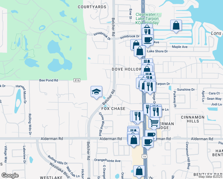 map of restaurants, bars, coffee shops, grocery stores, and more near 3318 Fox Hunt Drive in Palm Harbor