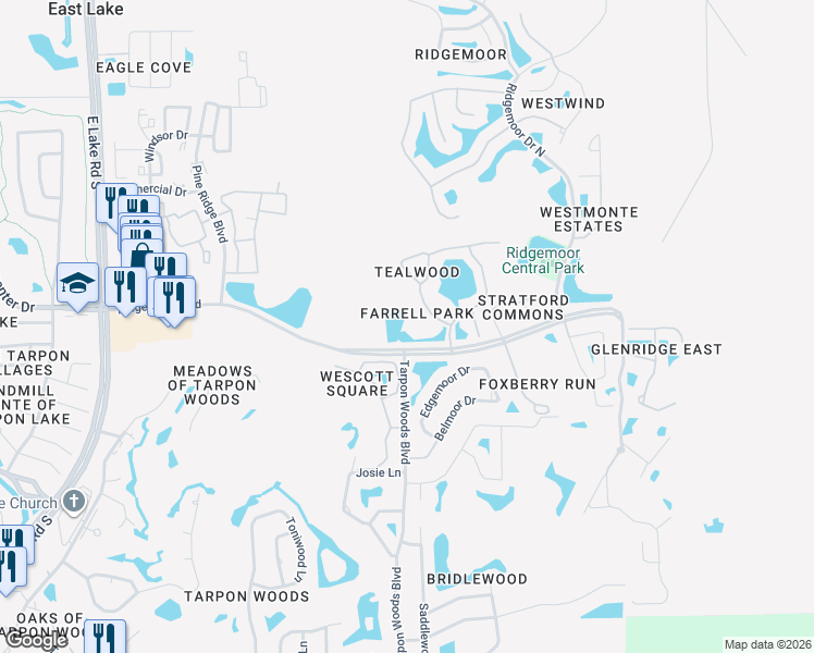 map of restaurants, bars, coffee shops, grocery stores, and more near 3374 Mermoor Drive in Palm Harbor