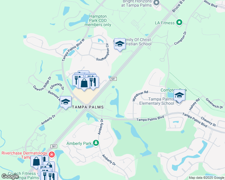 map of restaurants, bars, coffee shops, grocery stores, and more near 16014 Amberly Drive in Tampa