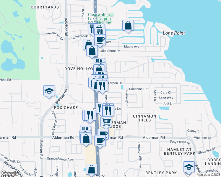 map of restaurants, bars, coffee shops, grocery stores, and more near 2588 Orangewood Court in Palm Harbor