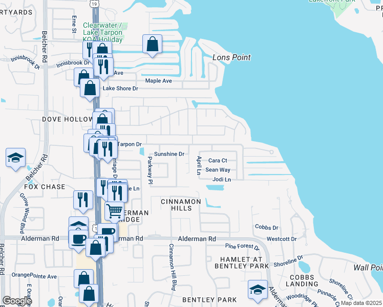 map of restaurants, bars, coffee shops, grocery stores, and more near 3330 Sand Key Drive in Palm Harbor
