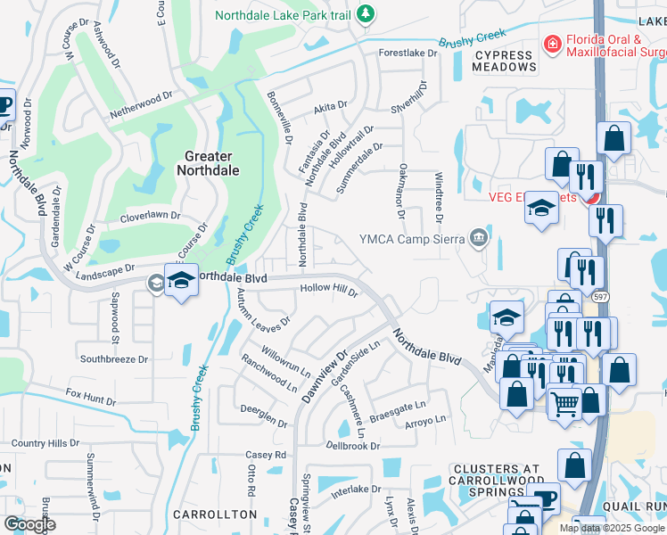 map of restaurants, bars, coffee shops, grocery stores, and more near 4263 Brentwood Park Circle in Tampa