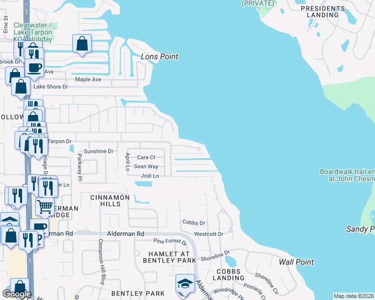 map of restaurants, bars, coffee shops, grocery stores, and more near 3124 Mildred Drive in Palm Harbor