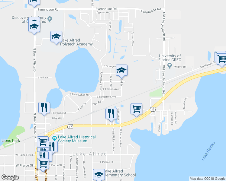 map of restaurants, bars, coffee shops, grocery stores, and more near 615 East Lemon Avenue in Lake Alfred
