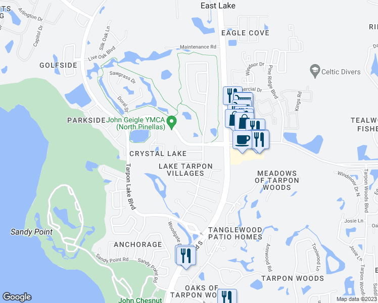 map of restaurants, bars, coffee shops, grocery stores, and more near 2625 Warwick Terrace in Palm Harbor