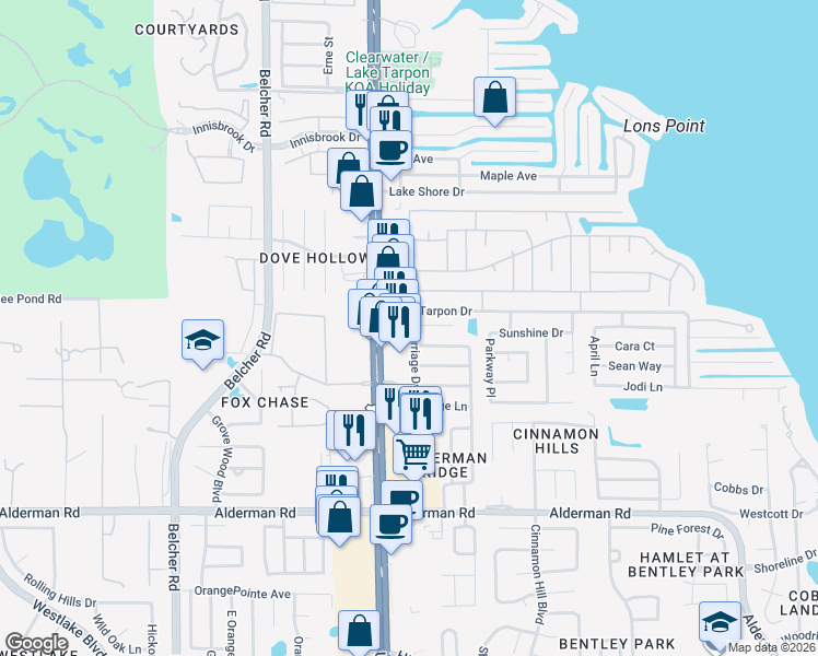 map of restaurants, bars, coffee shops, grocery stores, and more near 3359 Carriage Drive in Palm Harbor