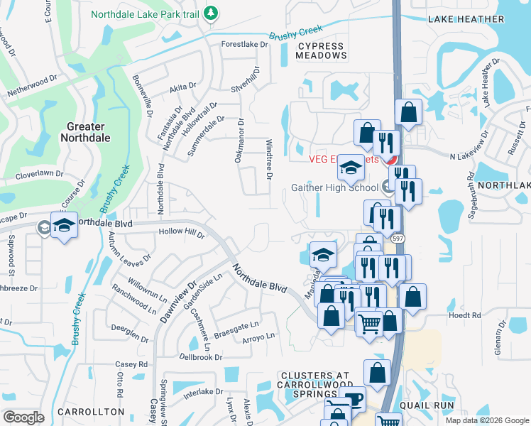 map of restaurants, bars, coffee shops, grocery stores, and more near 16071 Dawnview Drive in Tampa
