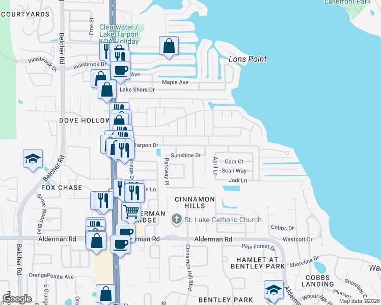 map of restaurants, bars, coffee shops, grocery stores, and more near 173 Sunshine Dr in Palm Harbor