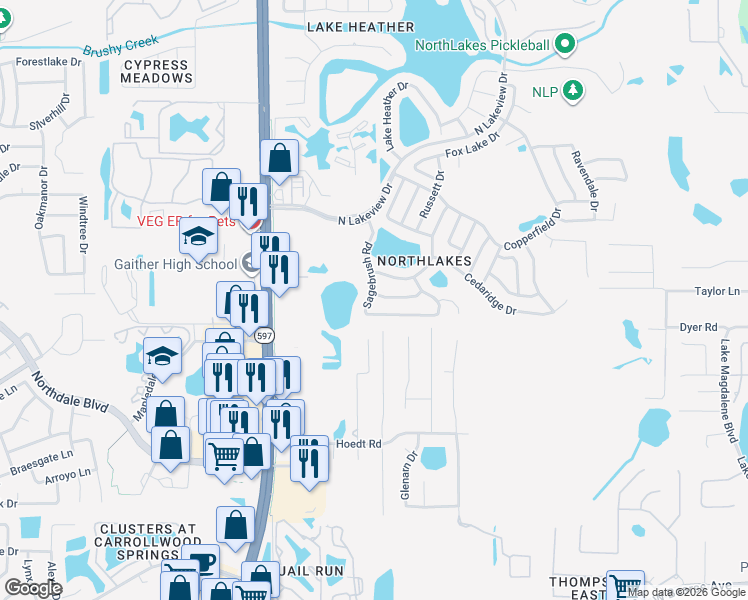 map of restaurants, bars, coffee shops, grocery stores, and more near 16119 Sagebrush Road in Tampa