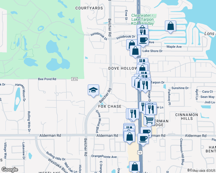 map of restaurants, bars, coffee shops, grocery stores, and more near 3318 Fox Hunt Drive in Palm Harbor