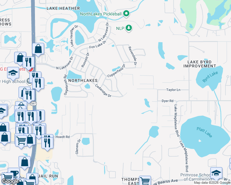 map of restaurants, bars, coffee shops, grocery stores, and more near 2815 Cedaridge Drive in Tampa