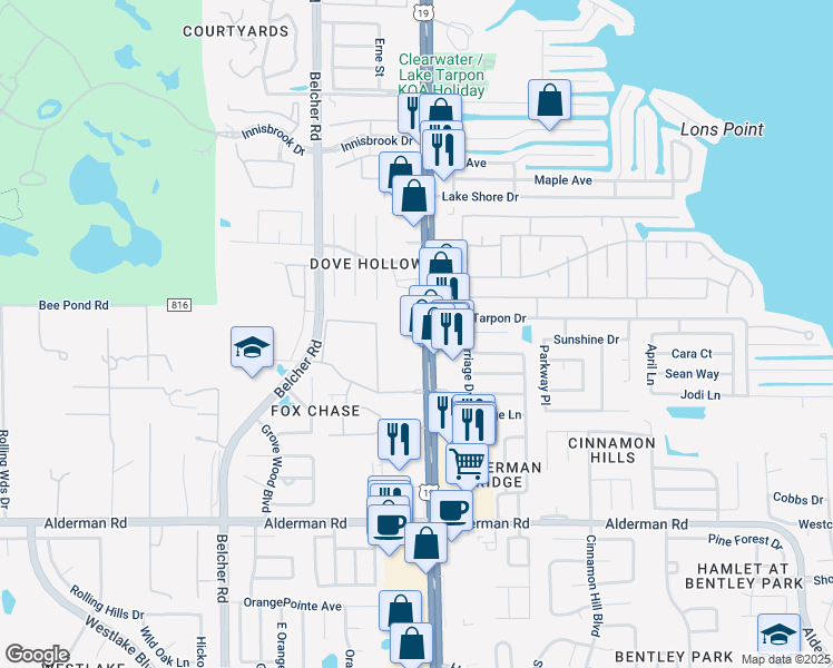 map of restaurants, bars, coffee shops, grocery stores, and more near 36090 US Highway 19 North in Palm Harbor
