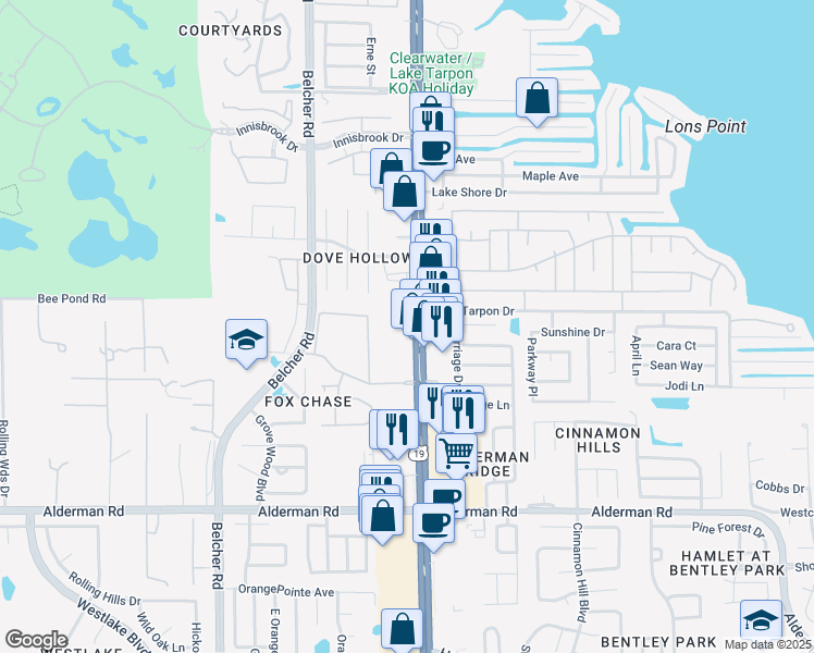 map of restaurants, bars, coffee shops, grocery stores, and more near 35820 US Highway 19 North in Palm Harbor